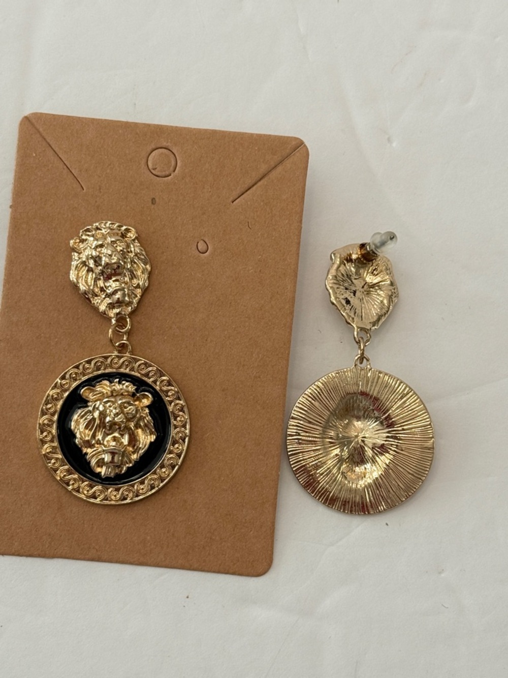 Gold Lion Head Medallion Earrings Black Enamel Statement Drop - Picture 4 of 13